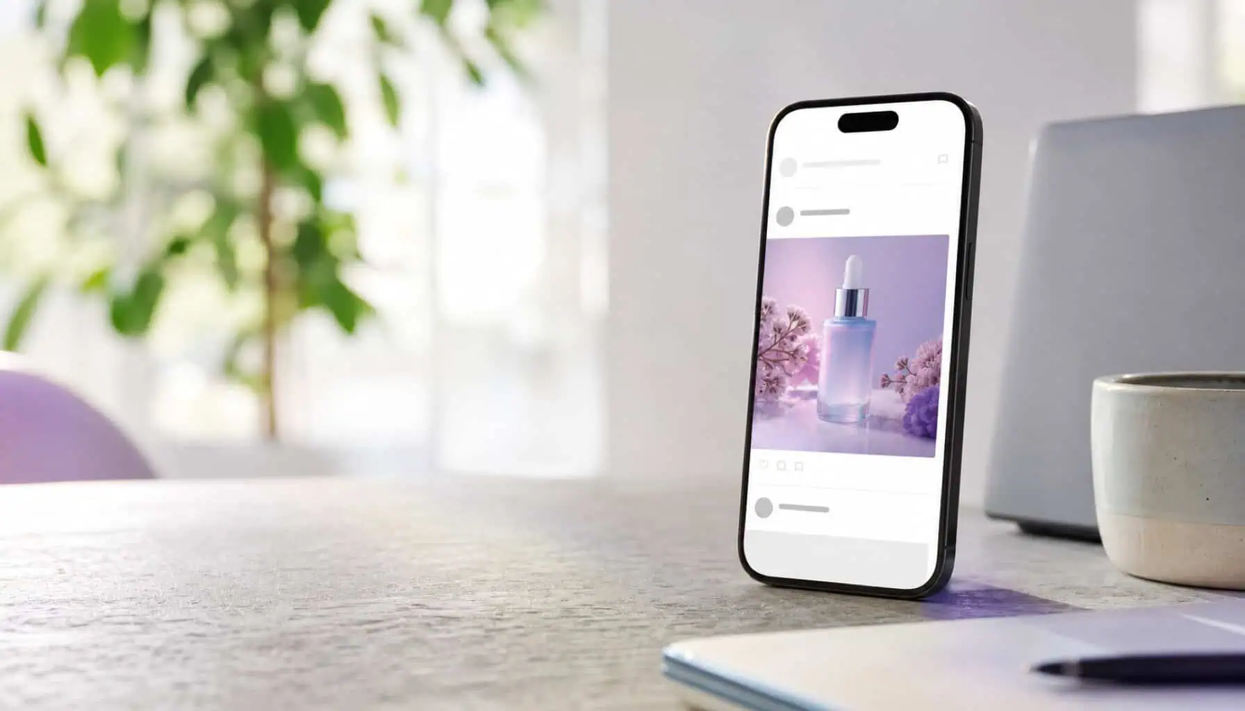 A phone propped on a desk showing a product advertisement in a social media feed