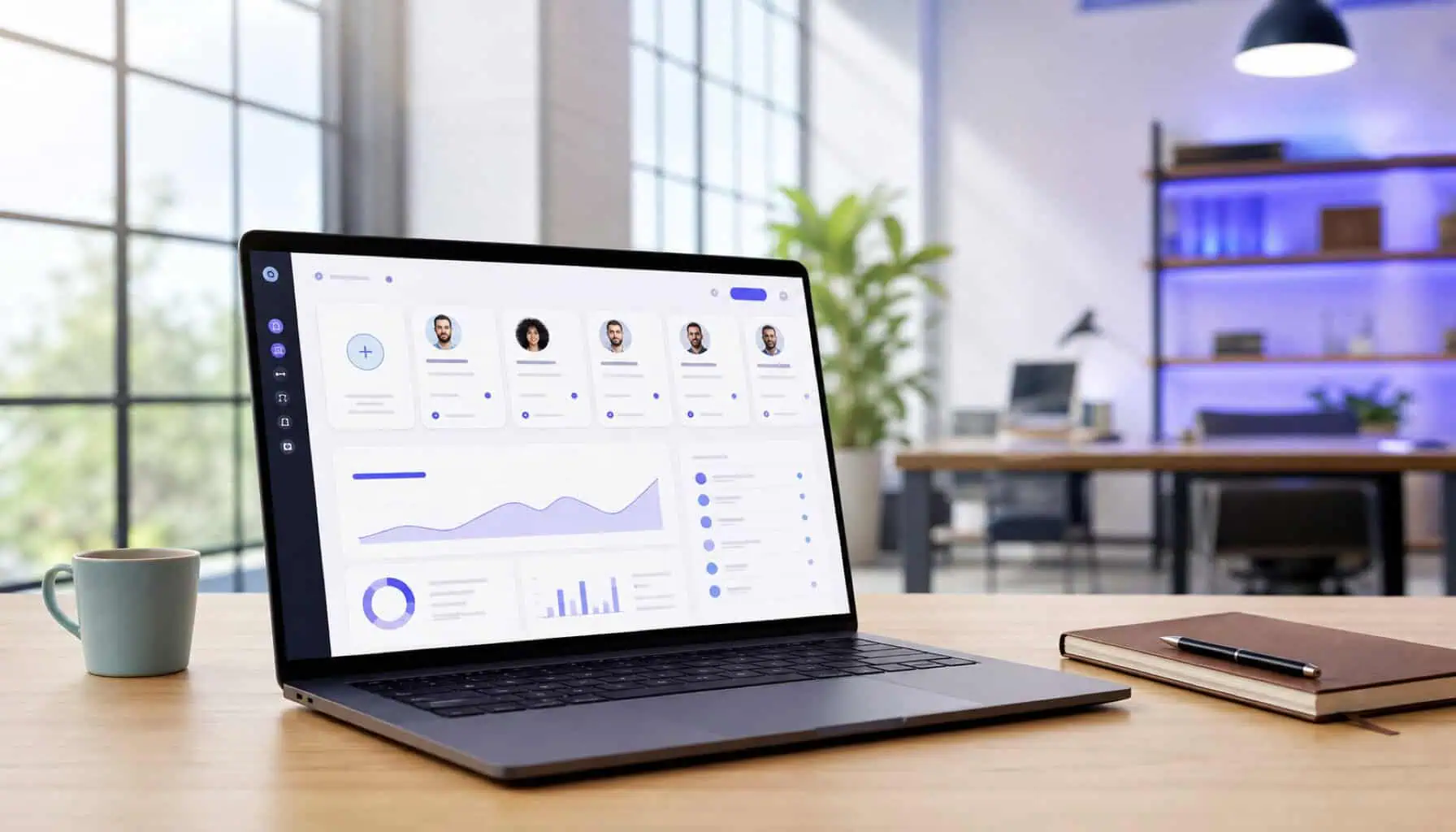 A laptop on a desk showing a lead pipeline dashboard with contact cards and inquiry charts
