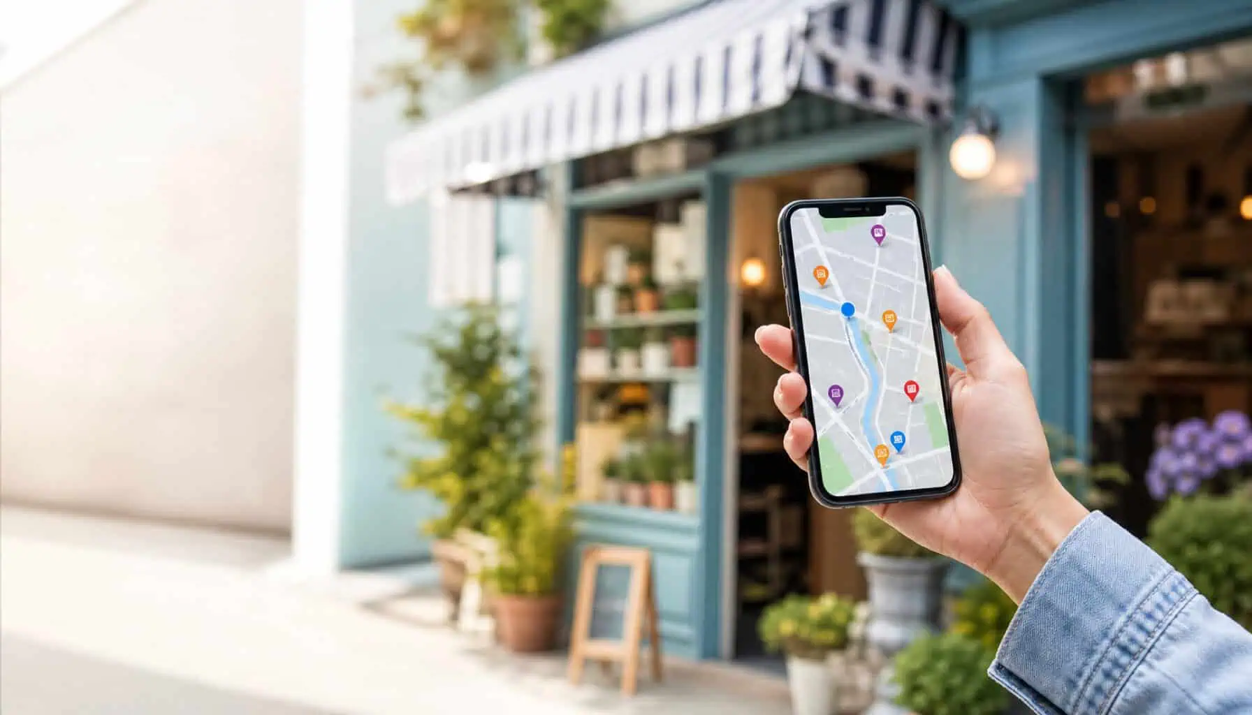 A hand holding a phone showing a map with nearby business pins, in front of a local shopfront