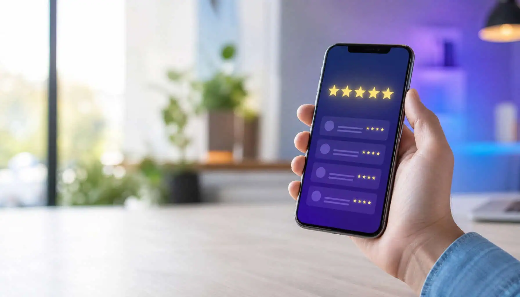 A hand holding a phone showing a five star rating above a list of customer reviews