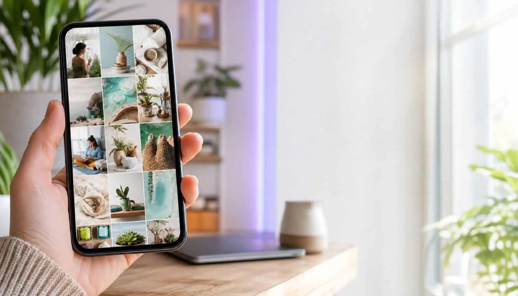 A hand holding a phone showing a grid of product and lifestyle photos on a social feed