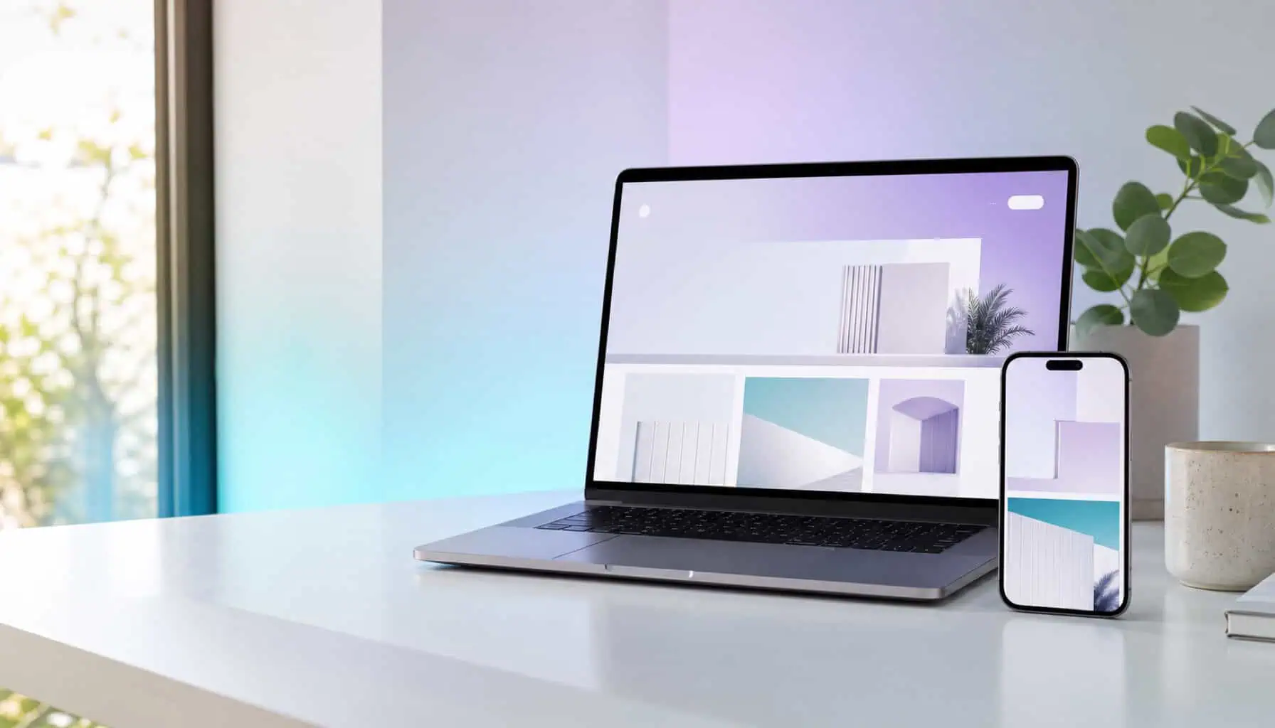 A laptop and phone side by side showing the same website design at desktop and mobile sizes