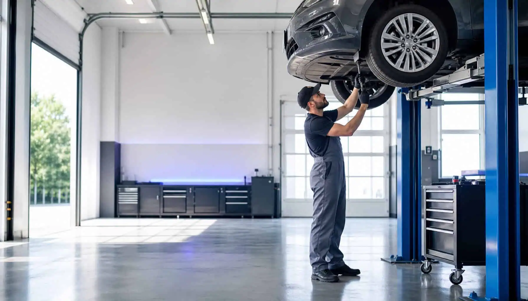 An auto technician working on a vehicle in a service bay