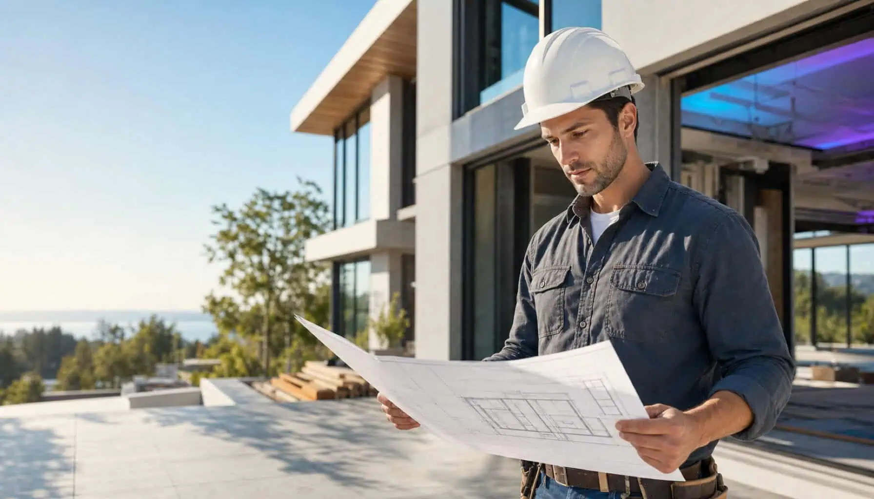 A general contractor reviewing plans on a job site