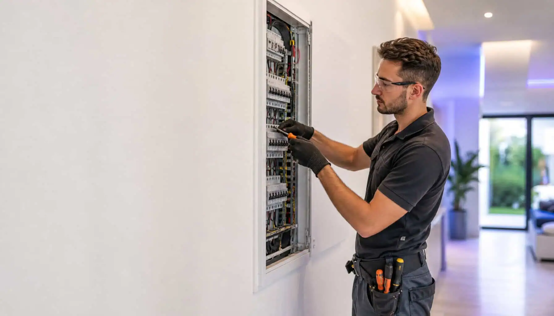 An electrician working inside a residential electrical panel in a bright hallway