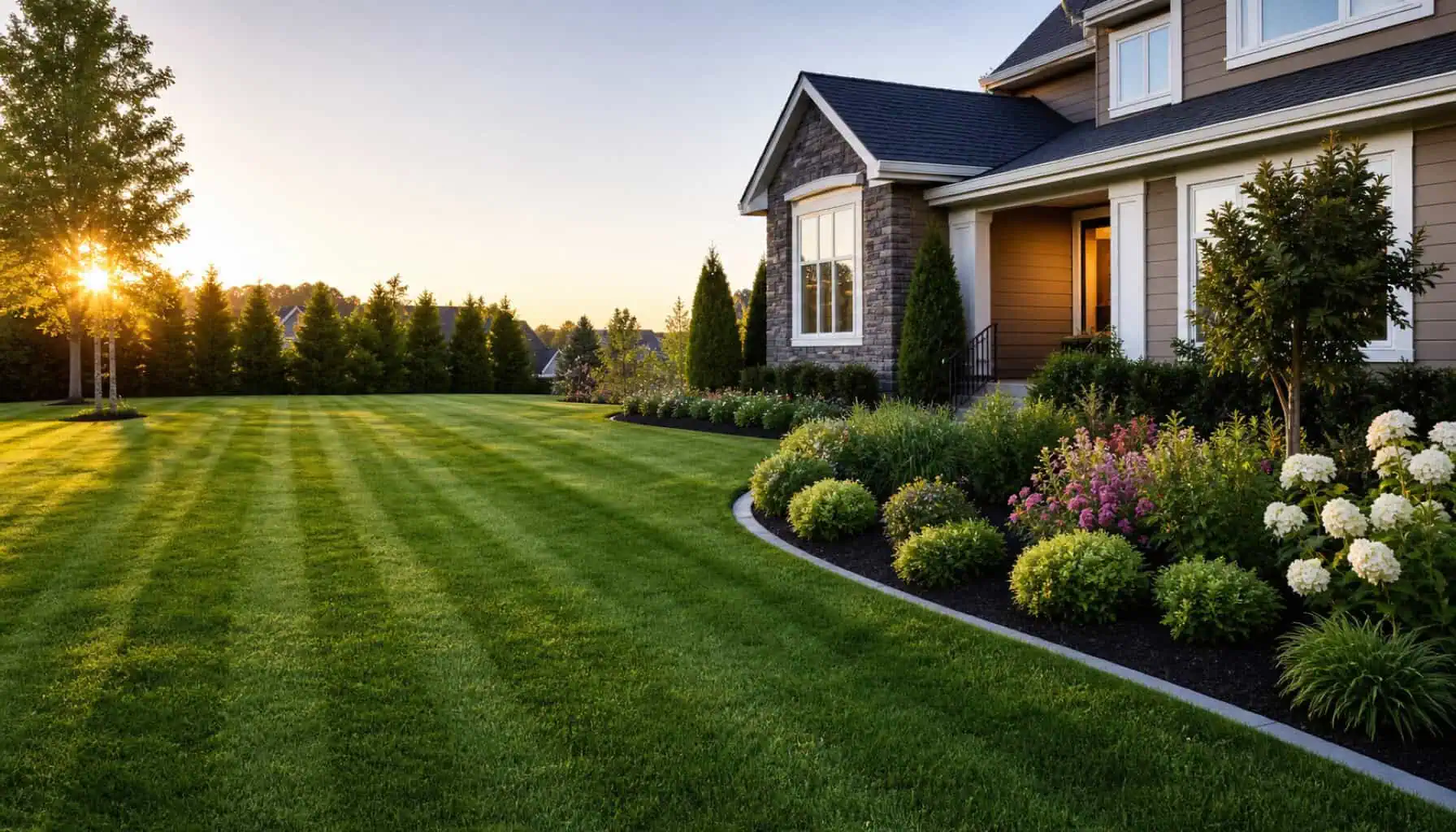 A landscaper working on a residential lawn and garden