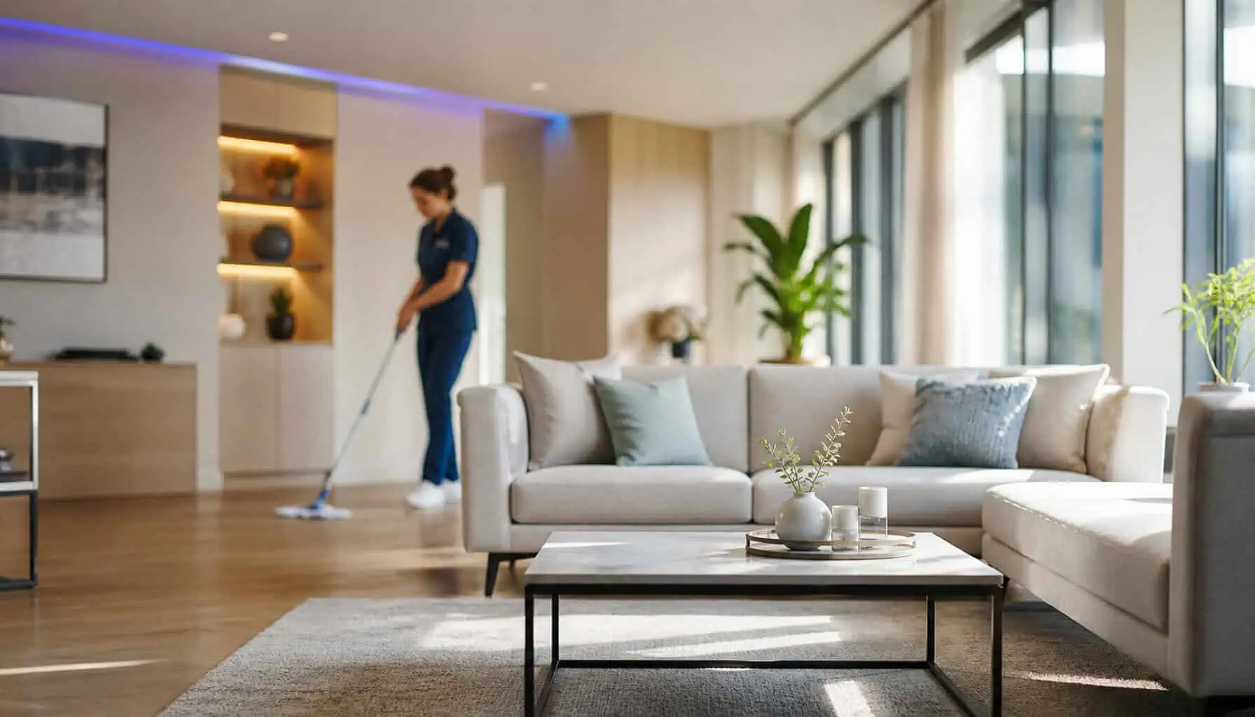 A cleaning professional working in a bright residential interior