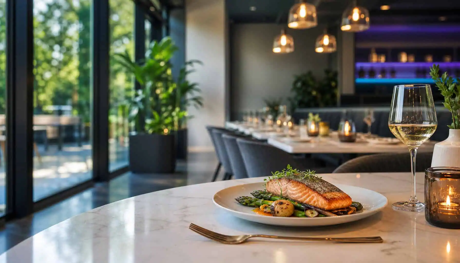 A restaurant kitchen and dining room in service