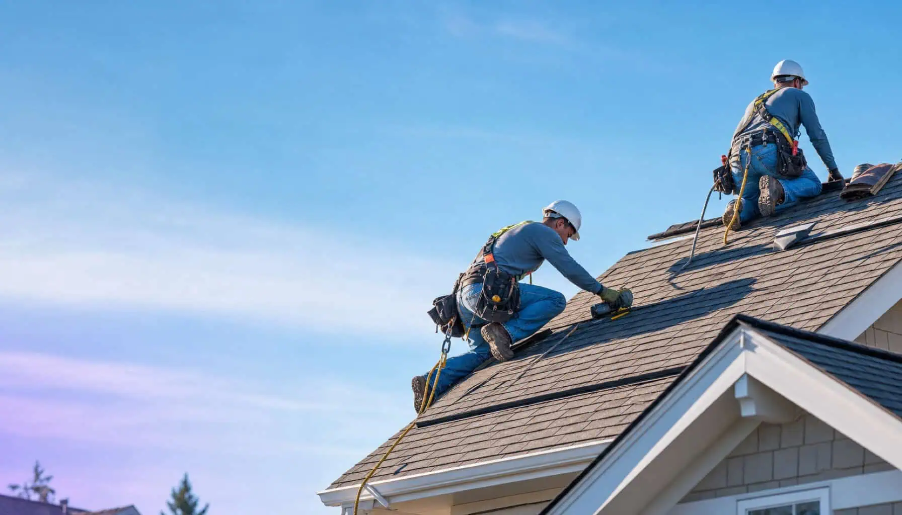 A roofer installing shingles on a residential roof