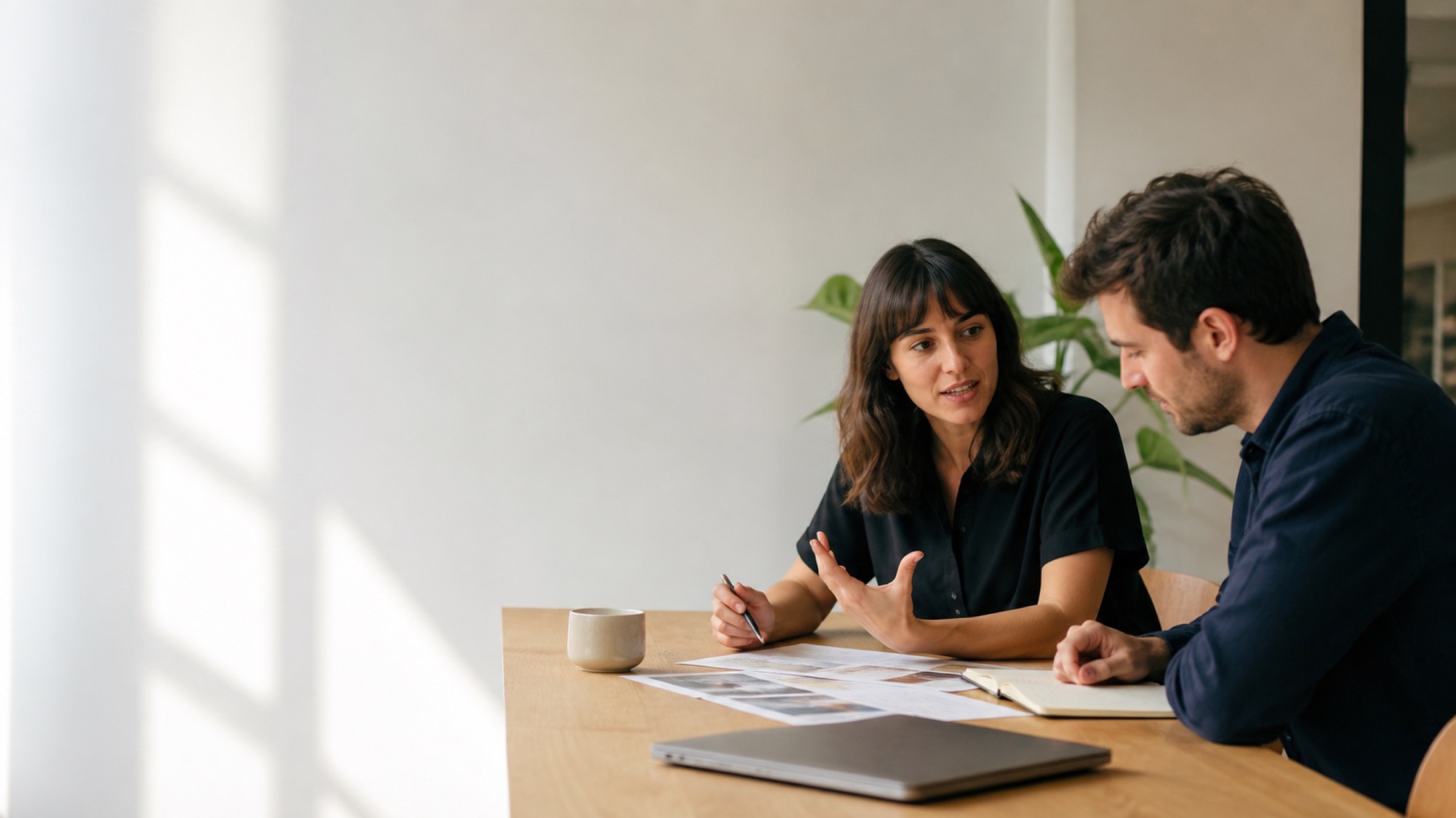 Two marketing professionals reviewing a client plan together at a table