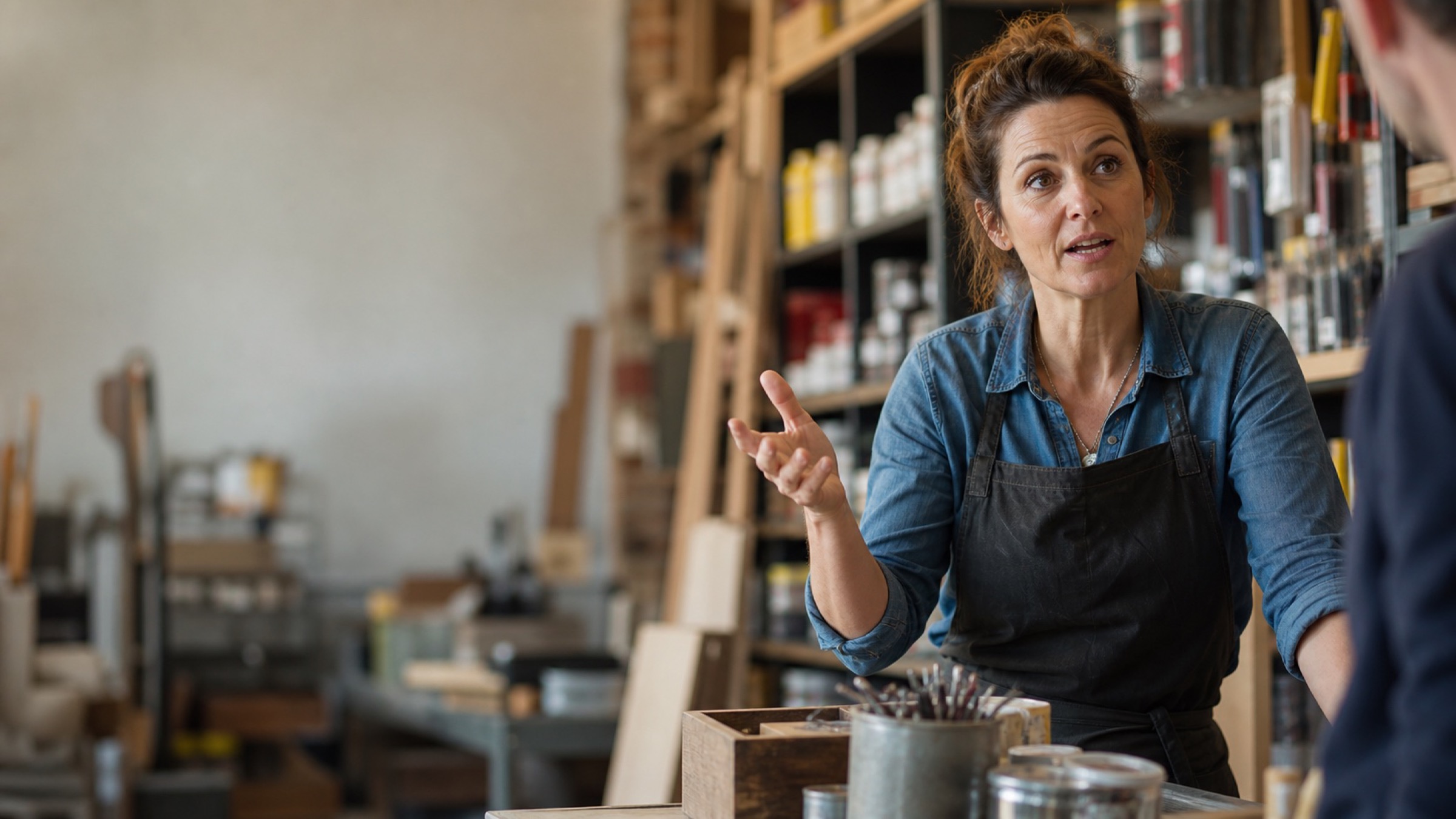 A hardware store owner explaining something to a customer across the counter of her shop