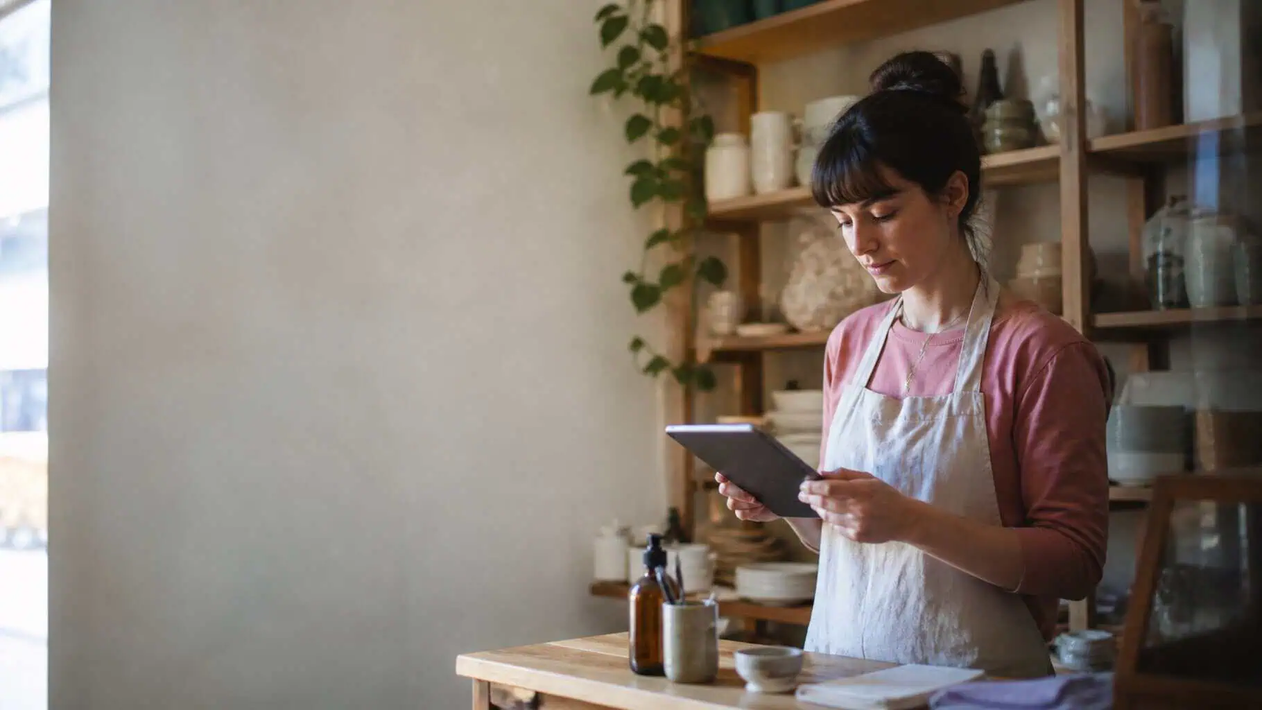 A shop owner considering a tablet behind the counter of their store
