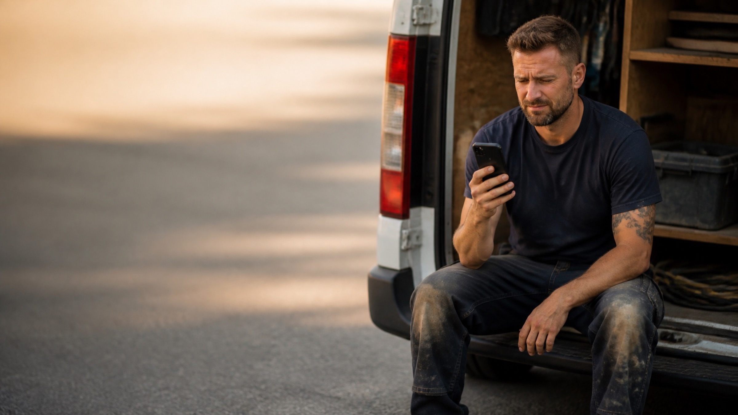 A tradesman sitting on the tailgate of his work van, looking at his phone with a skeptical expression during a break