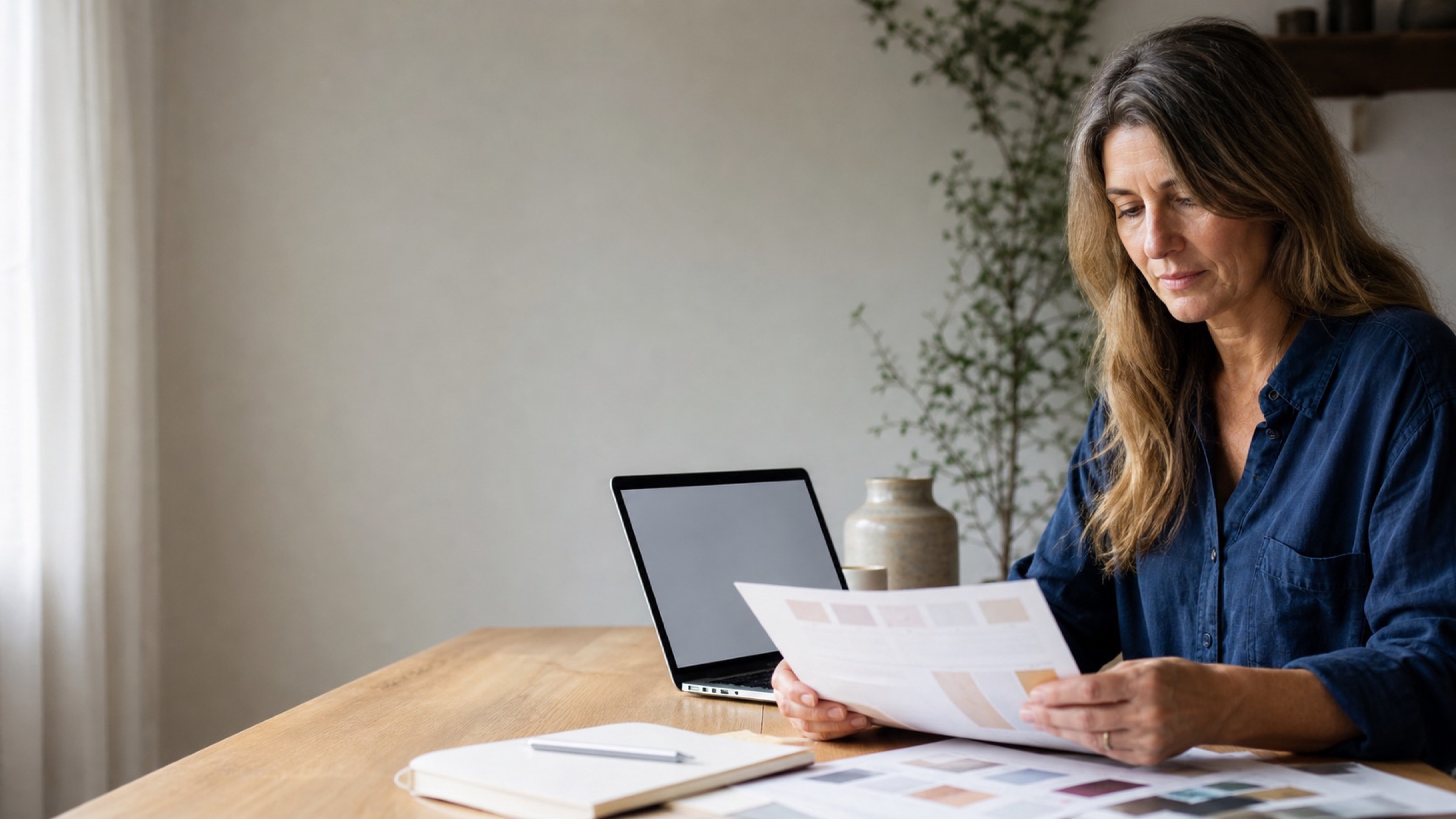 A small business owner reviewing a marketing plan and pricing sheet at her desk