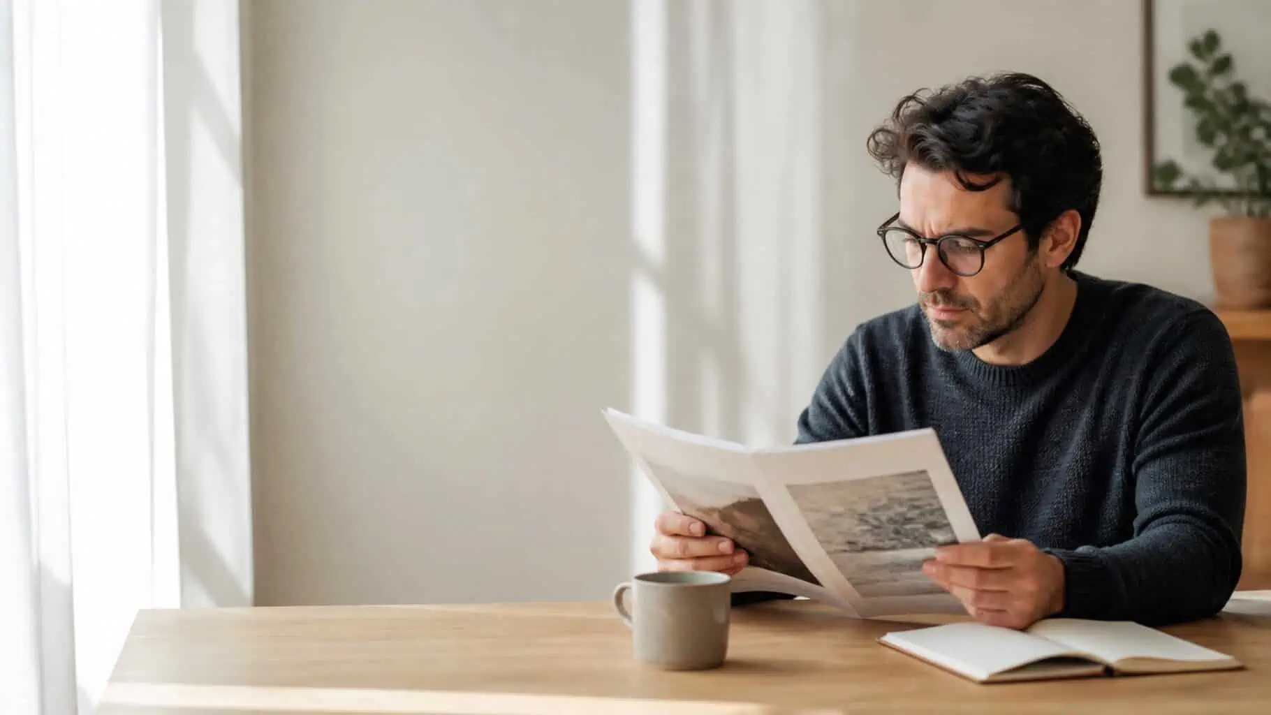 A small business owner reading a printed marketing guide over coffee