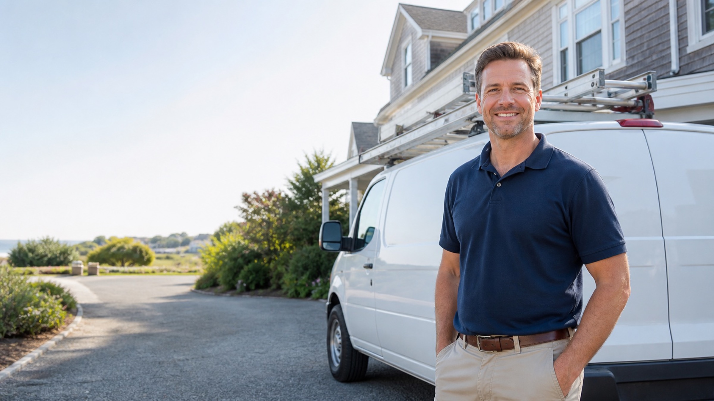 A home services business owner standing beside his work van outside a New England house