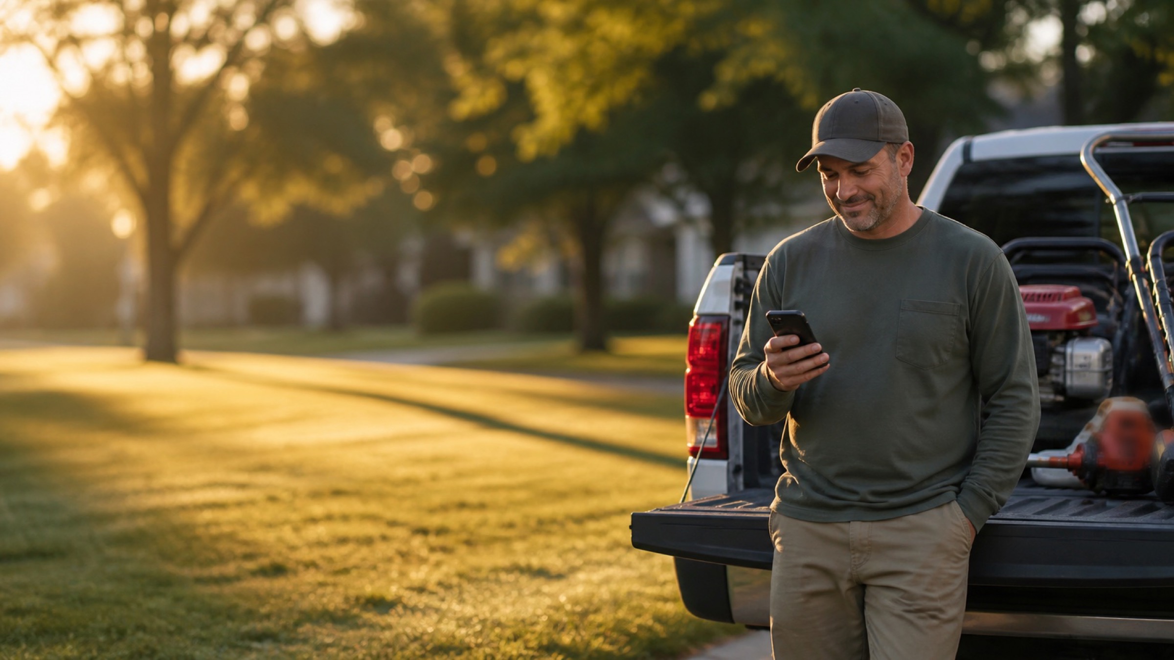 A landscaper standing beside his work truck in the early morning, checking new inquiries on his phone