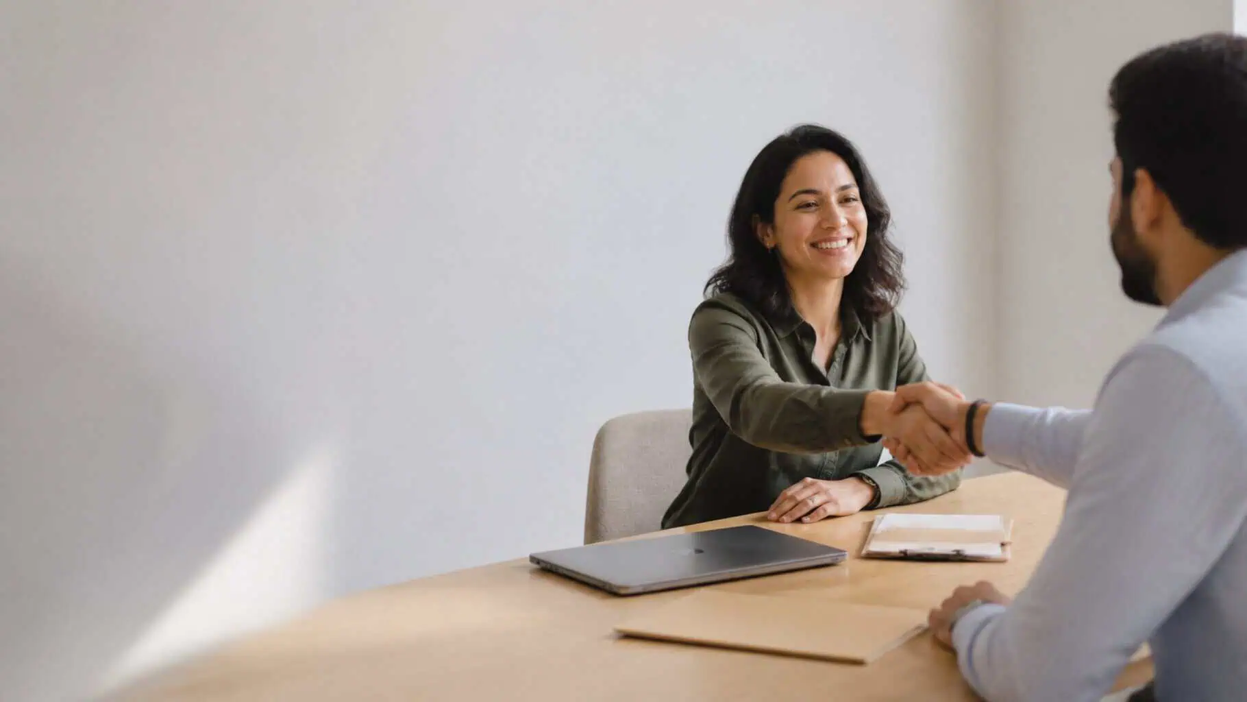 Two people shaking hands across a table at the end of a meeting