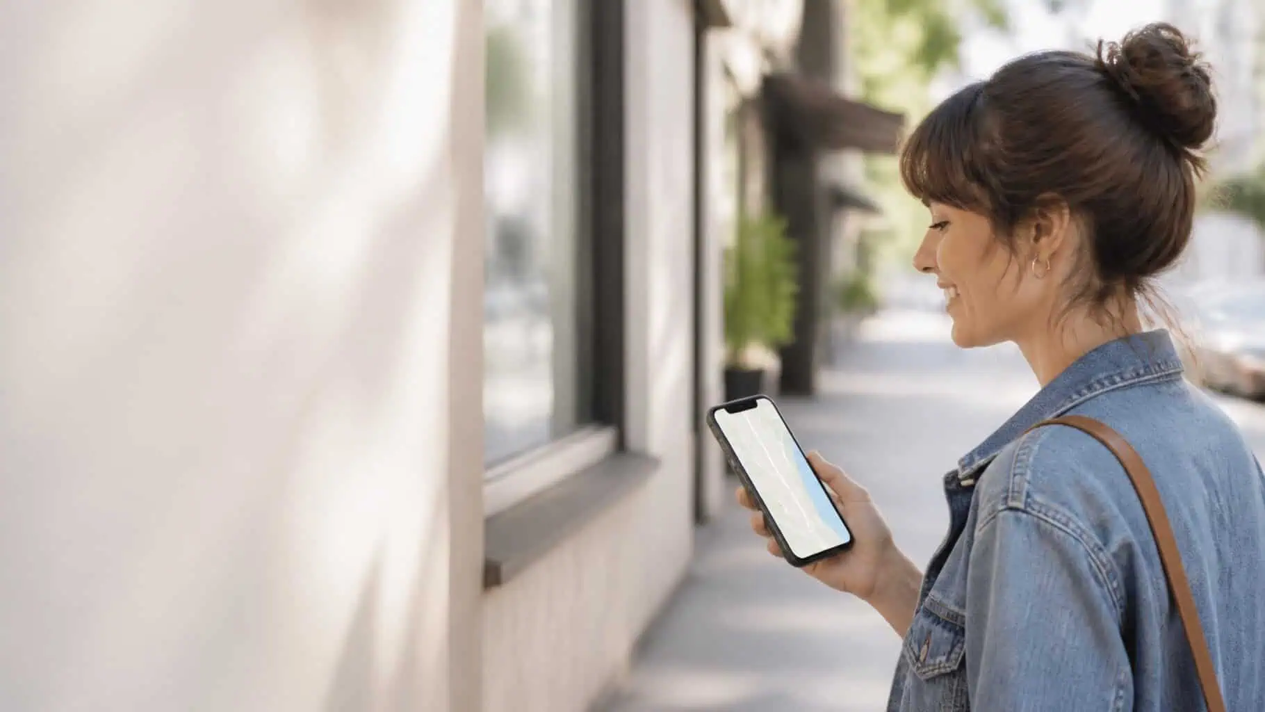 Someone checking a map on their phone while standing on a small-town sidewalk