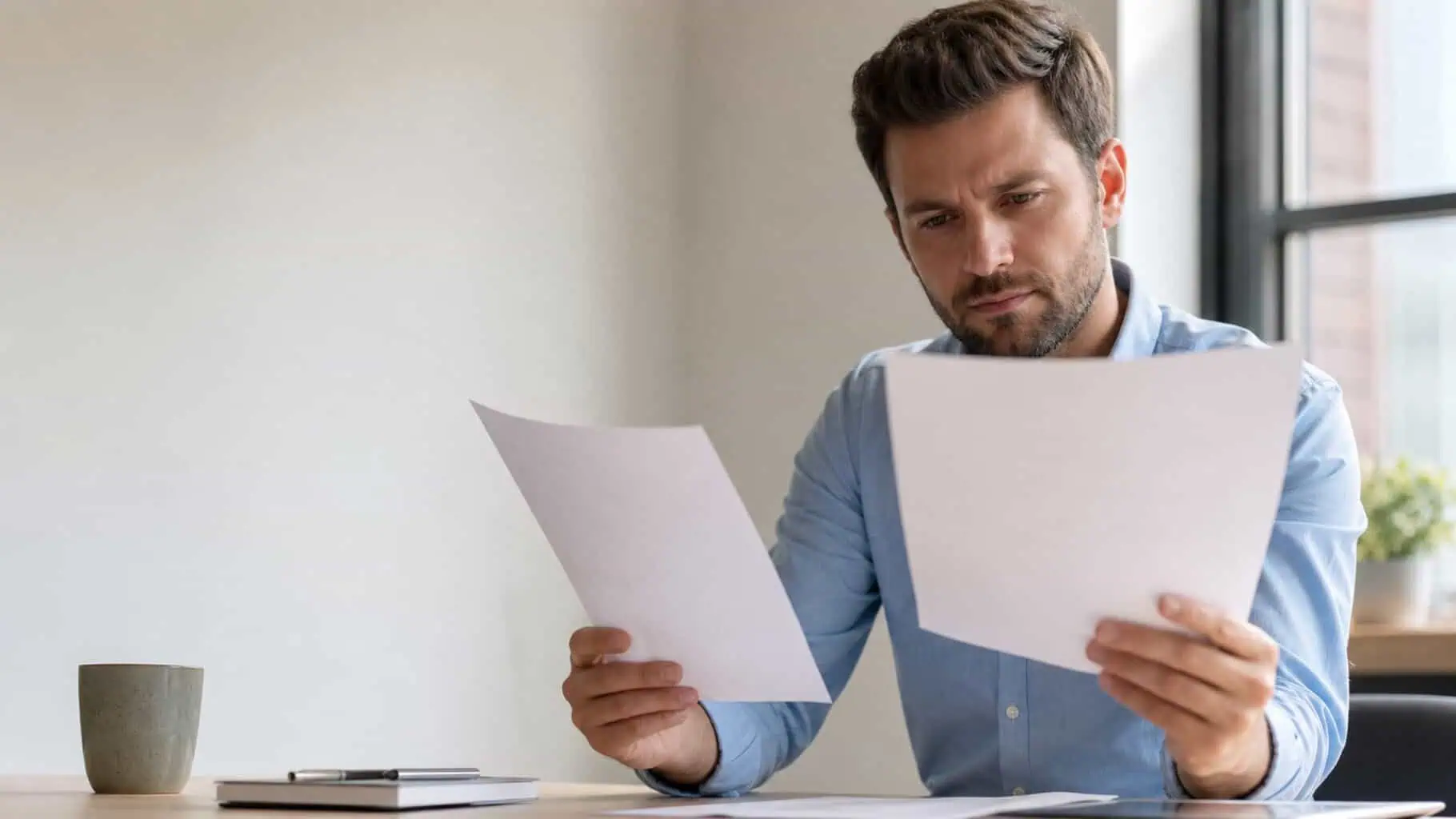 Someone weighing two printed documents, one in each hand, at a desk