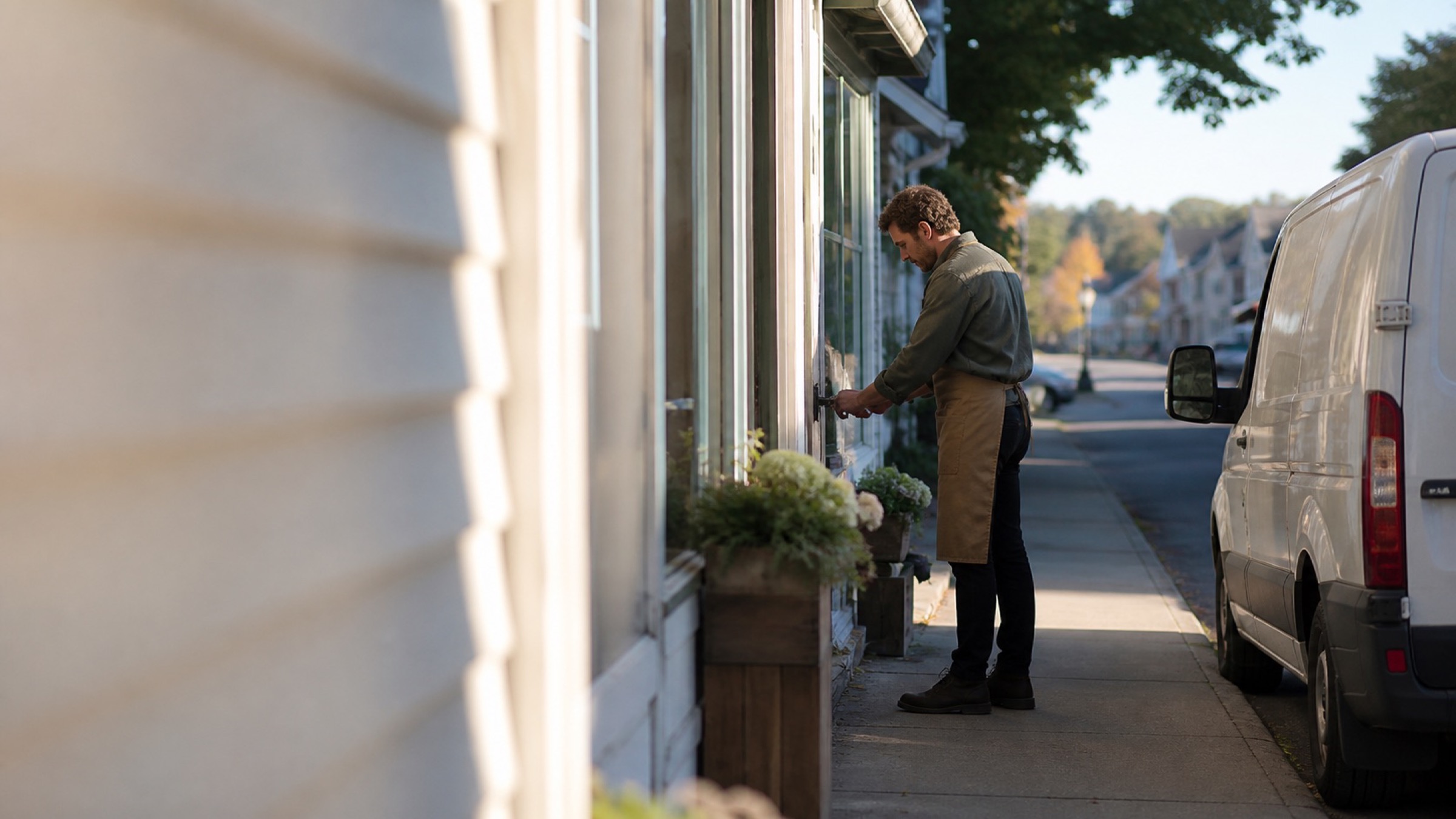 A local business owner locking up a small New England storefront in the morning