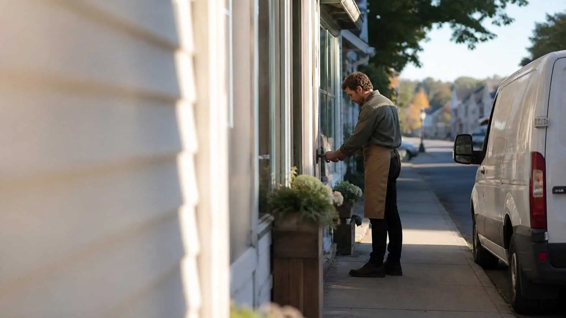 A local business owner locking up a small New England storefront in the morning