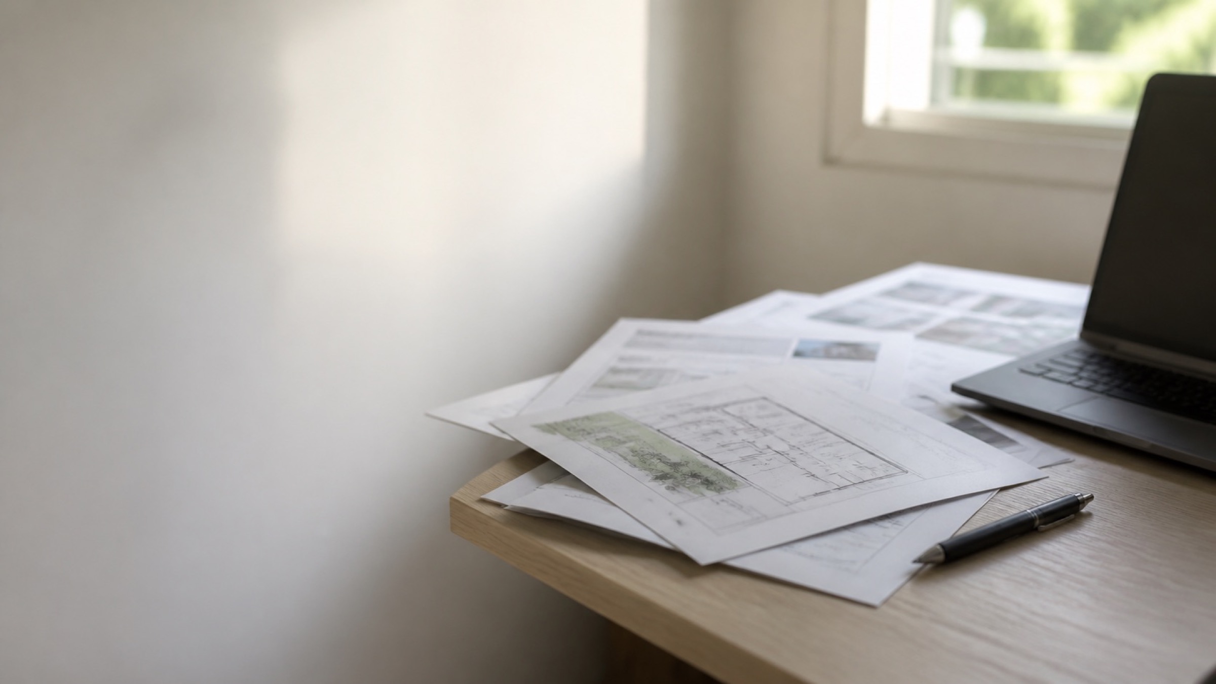 Printed marketing plan documents fanned out on a desk beside a laptop