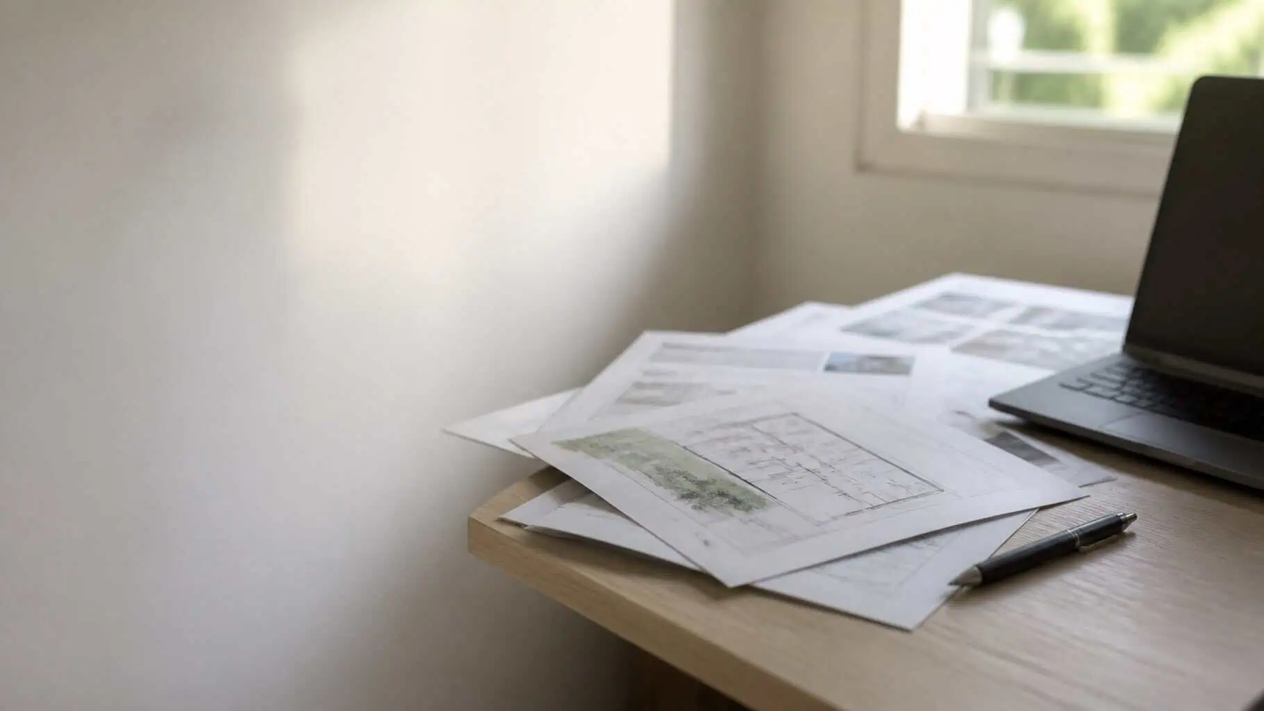 Printed marketing plan documents fanned out on a desk beside a laptop
