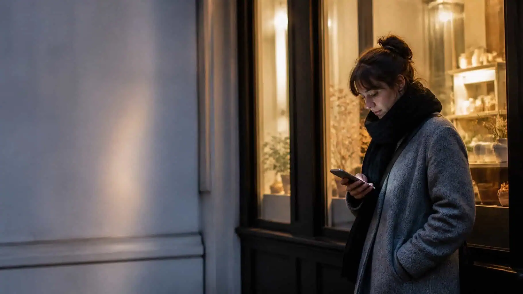 A closed small shop at dusk with a lit window display and a passer-by on their phone